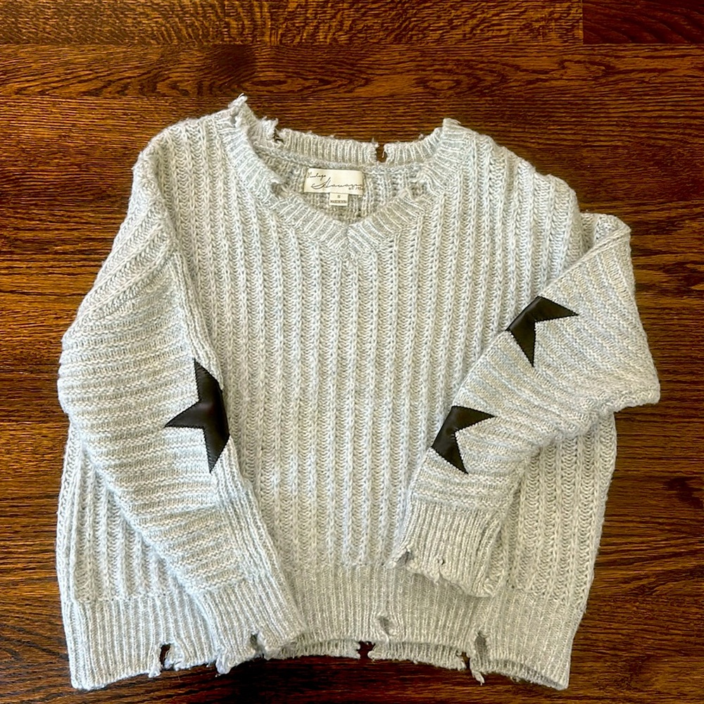 Vintage Havana distressed grey sweater with leather patches, SMALL